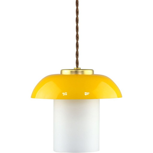Mid Century Pendelleuchte aus gelbem Glas und Messing