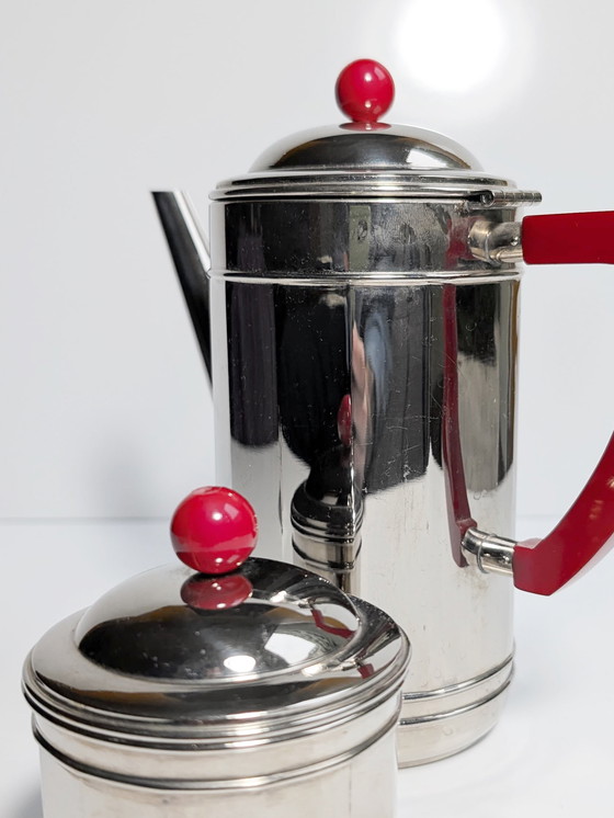 Image 1 of Art Deco Chrom Kaffee Set Service 30Er Bakelit Kanne Milch Zucker Silber Bauhaus 1930