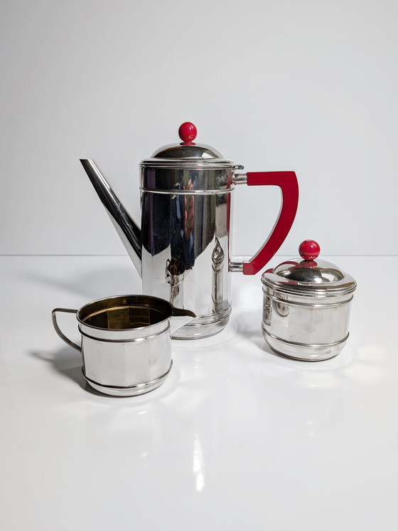 Image 1 of Art Deco Chrom Kaffee Set Service 30Er Bakelit Kanne Milch Zucker Silber Bauhaus 1930