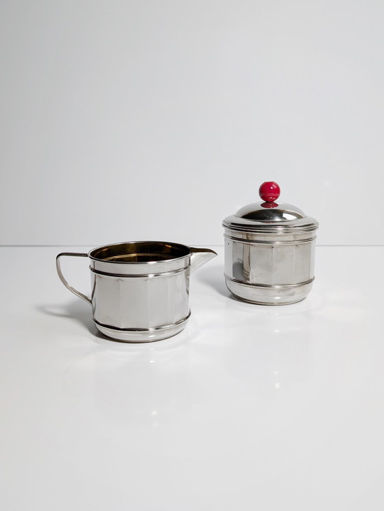 Image 1 of Art Deco Chrom Kaffee Set Service 30Er Bakelit Kanne Milch Zucker Silber Bauhaus 1930