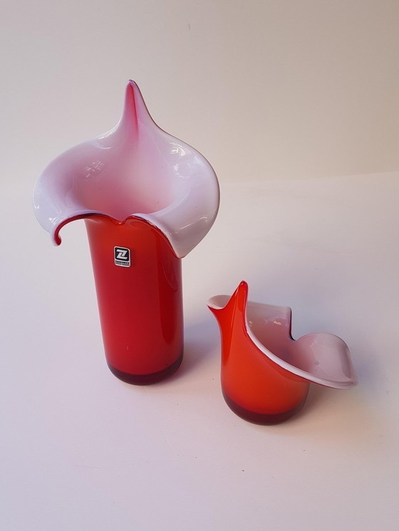 Image 1 of 3X Bohemiam Rot und Weiß Vasen & Aschenbecher von J.S. Drost für Zabkowice