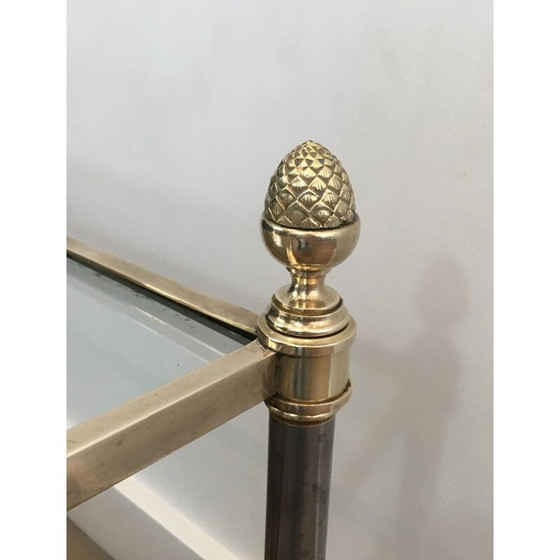 Image 1 of Vintage Couchtisch aus Messing und gebürstetem Stahl mit Lederplatten und neoklassischem Klarglas, 1940