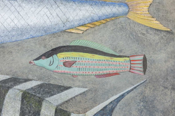 Image 1 of Gemalte Leinwand mit der Darstellung eines Fischbretts. Zeitgenössisches Werk.