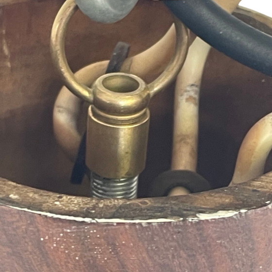 Image 1 of Hängende Hängeleuchte/Kaskade von MCM aus den 50er Jahren – Milchglas auf einem Rahmen aus Teakholz und passendem Deckenbaldachi