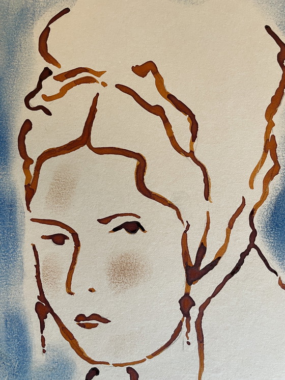 Image 1 of Gemälde Pastell Tinte Porträt Weiblich Der Kopfschmuck Art Deco