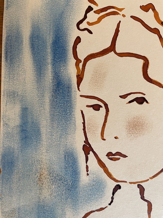 Image 1 of Gemälde Pastell Tinte Porträt Weiblich Der Kopfschmuck Art Deco