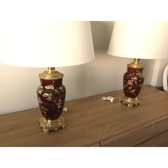 Image 1 of Paar alte Lampen "Napoleon III" aus Bronze und Steingut, 1800