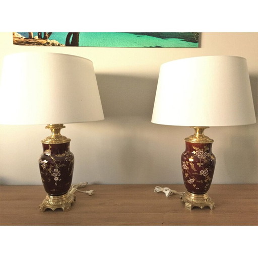 Paar alte Lampen "Napoleon III" aus Bronze und Steingut, 1800