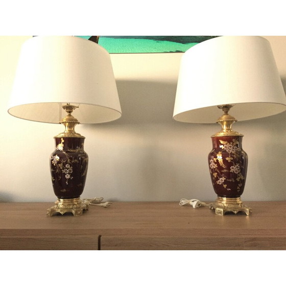 Image 1 of Paar alte Lampen "Napoleon III" aus Bronze und Steingut, 1800