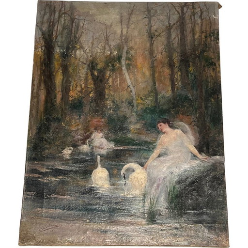 Vintage-Gemälde "Die Frau mit dem Schwan" von Luis Sánchez de La Peña, Spanien 1914