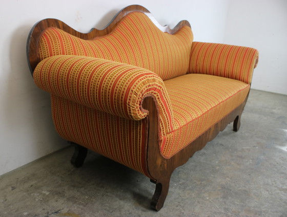 Image 1 of Biedermeier Couch Dreisitzer Nussbaum Streifenstoff Sofa Neubezug