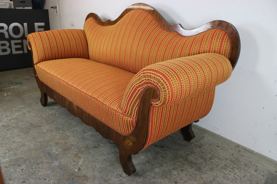 Image 1 of Biedermeier Couch Dreisitzer Nussbaum Streifenstoff Sofa Neubezug