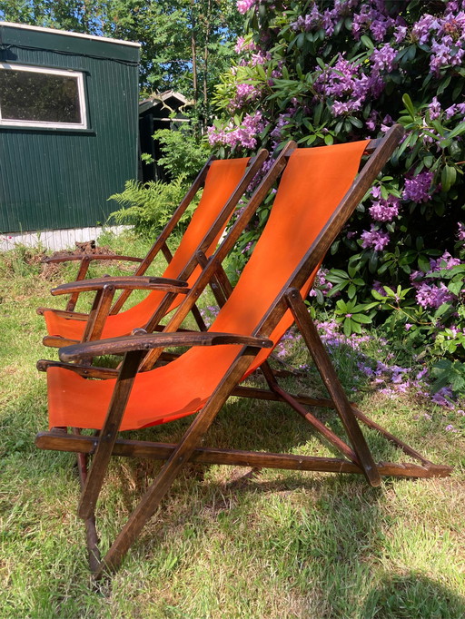 2x Vintage Strandstuhl mit Fußhocker