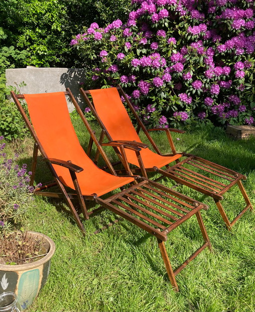 2x Vintage Strandstuhl mit Fußhocker