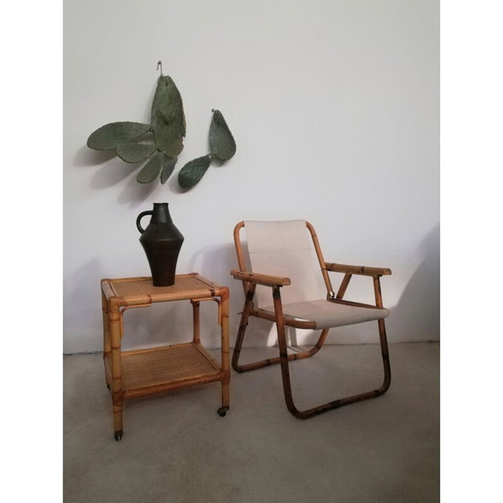 Image 1 of Vintage Serviertisch mit Rädern und zwei Regalen aus Rattan und Bambus, Italien 1970er