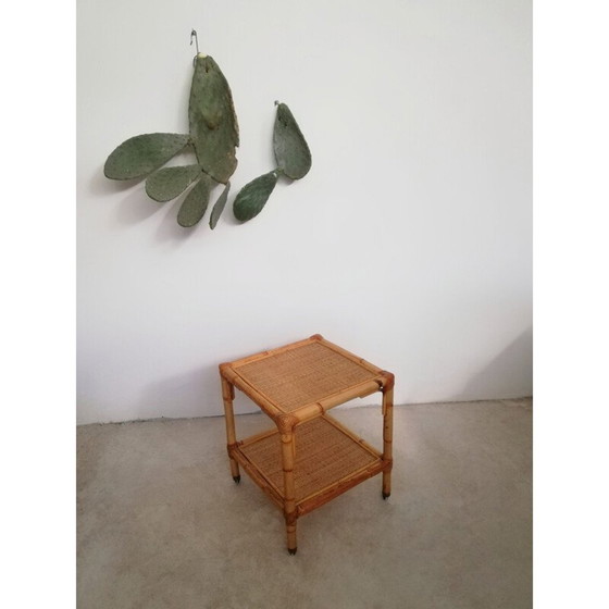 Image 1 of Vintage Serviertisch mit Rädern und zwei Regalen aus Rattan und Bambus, Italien 1970er