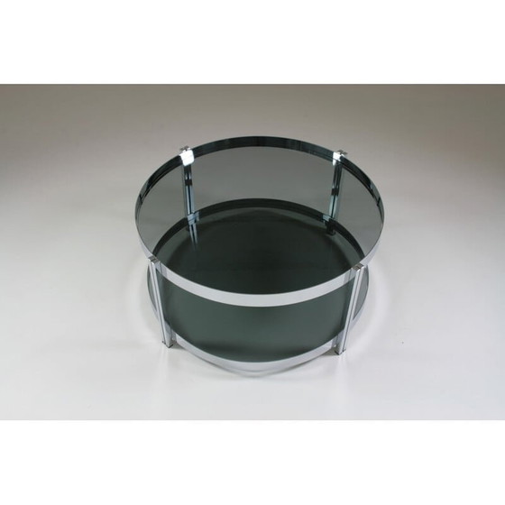 Image 1 of Runder Vintage-Couchtisch aus verchromtem Metall und Rauchglasplatten, Frankreich 1970