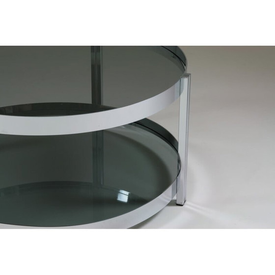 Image 1 of Runder Vintage-Couchtisch aus verchromtem Metall und Rauchglasplatten, Frankreich 1970