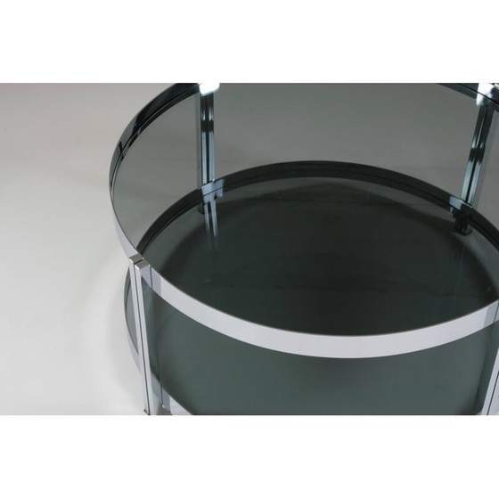 Image 1 of Runder Vintage-Couchtisch aus verchromtem Metall und Rauchglasplatten, Frankreich 1970