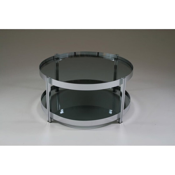 Image 1 of Runder Vintage-Couchtisch aus verchromtem Metall und Rauchglasplatten, Frankreich 1970