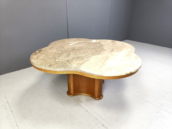 Image 1 of Mid Century Couchtisch aus Travertin und Holz, 1960er Jahre