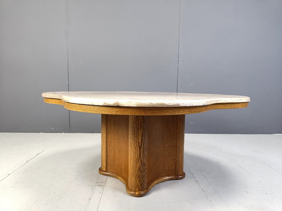 Image 1 of Mid Century Couchtisch aus Travertin und Holz, 1960er Jahre