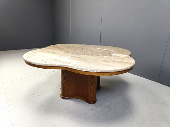 Image 1 of Mid Century Couchtisch aus Travertin und Holz, 1960er Jahre