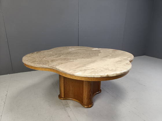 Image 1 of Mid Century Couchtisch aus Travertin und Holz, 1960er Jahre