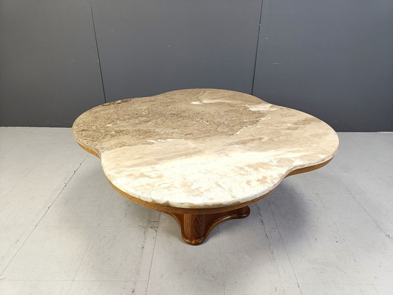 Image 1 of Mid Century Couchtisch aus Travertin und Holz, 1960er Jahre