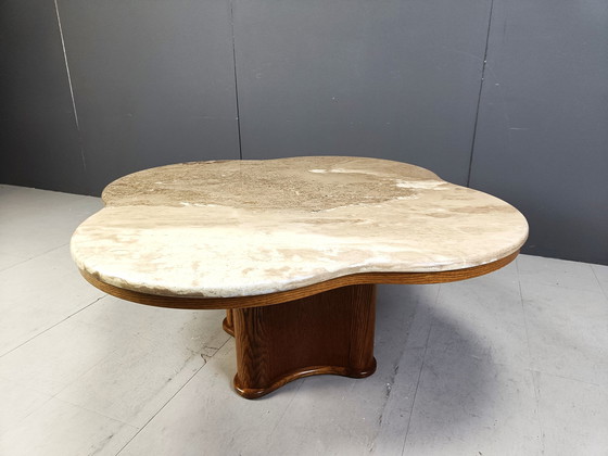 Image 1 of Mid Century Couchtisch aus Travertin und Holz, 1960er Jahre