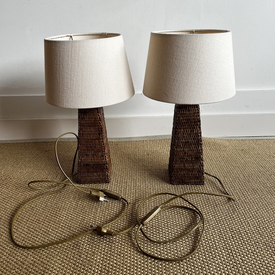 Image 1 of Satz von 2 Rattan Wicker Tischlampen Burma Vintage