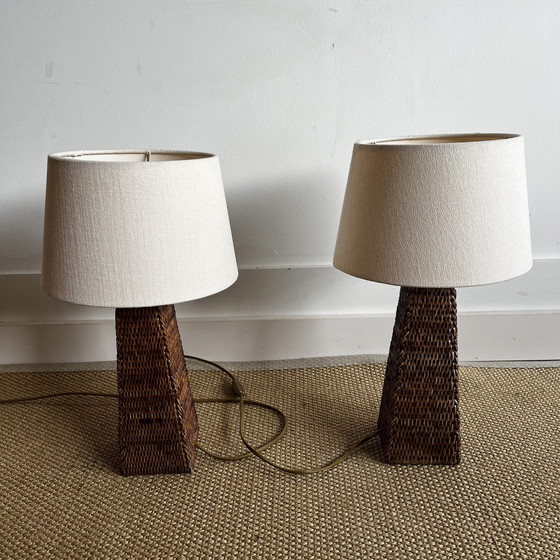 Image 1 of Satz von 2 Rattan Wicker Tischlampen Burma Vintage
