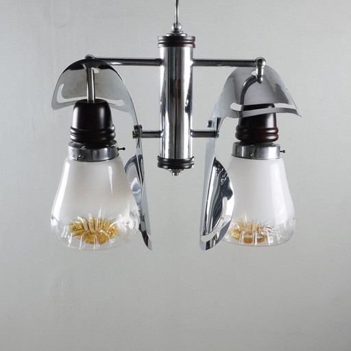 Vintage italien Kronleuchter in Chrom Holz und Glas Italien 1970er