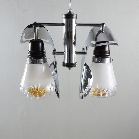 Image 1 of Vintage italien Kronleuchter in Chrom Holz und Glas Italien 1970er