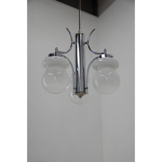Image 1 of Dreiflammiger Vintage-Kronleuchter aus Stahl und geblasenem Glas, Italien 1970