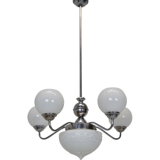 Vintage Art Deco Kronleuchter aus Glas, Metall und Chrom, Tschechoslowakei 1930er Jahre