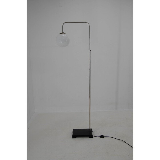 Image 1 of Verstellbare Stehlampe im funktionalistischen Stil aus Holz, Nickel und Opalglas, 1930er Jahre