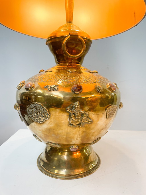 Paar große orientalische Tischlampen aus Messing mit Steinen