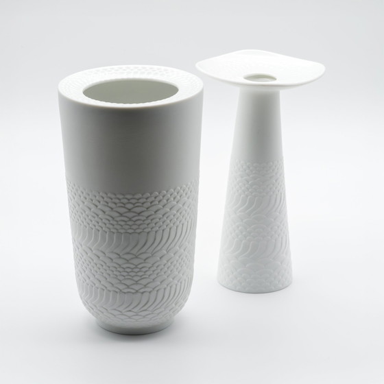 Image 1 of Seltene Manfred Frey Ak Kaiser Biskuit Porzellan Natur Relief Op Art Vase Duo Mcm