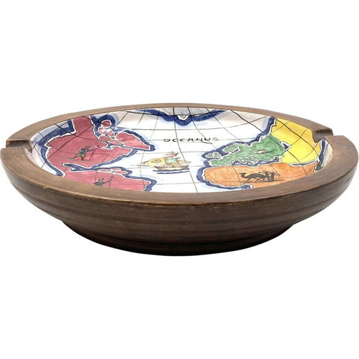 Vintage polychrome Keramik Weltkarte Catchall von Zaccagnini, Italien 1940er Jahre