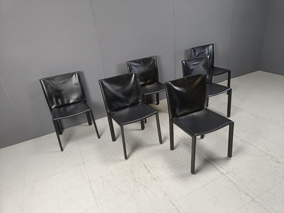 Image 1 of Vintage Pasqualine Leder Esszimmerstühle von Enrico Pellizzoni, 1980S - Set von 6