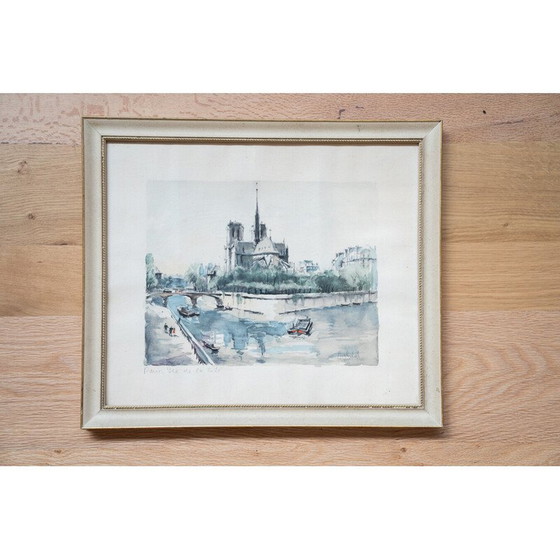 Image 1 of Vintage-Lithographie "Ile de la cite" in Holz und Glas, 1980