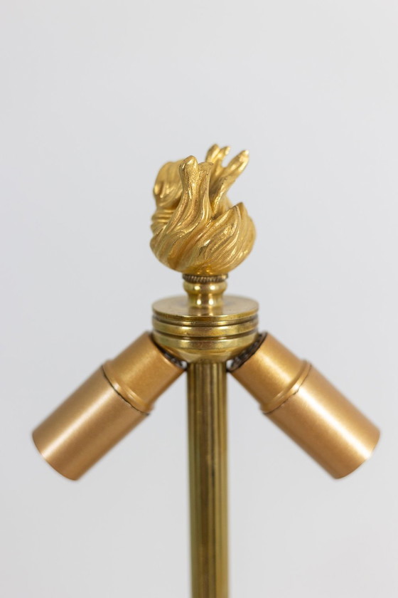 Image 1 of Design Stehlampe aus gebürstetem Stahl und Messing. Französische Arbeit. Um 1940