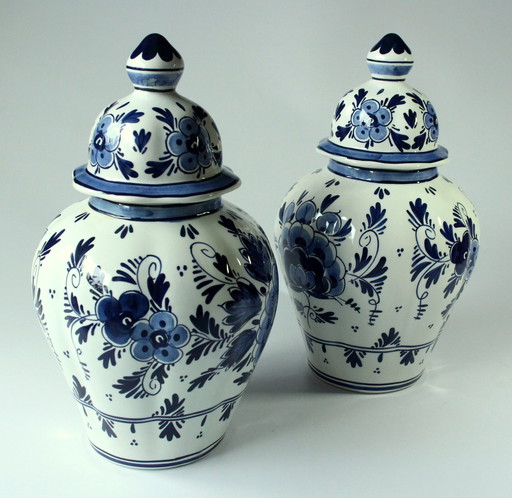 2 Delft Vasen Mit Deckel Als Set, Handgemalt, Vintage