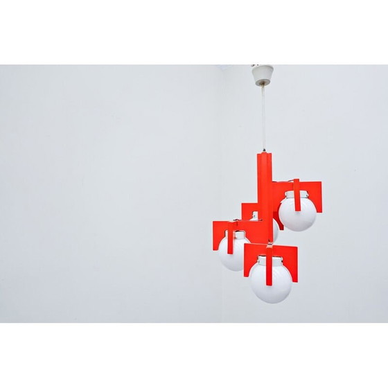 Image 1 of Vintage Pendelleuchte aus rot lackiertem Holz und Opalin, Italien 1970