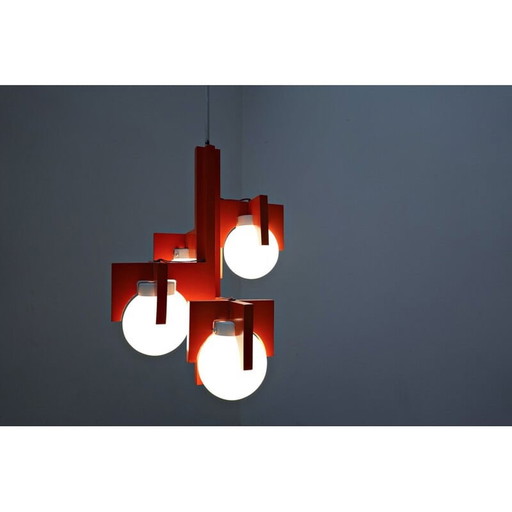 Vintage Pendelleuchte aus rot lackiertem Holz und Opalin, Italien 1970