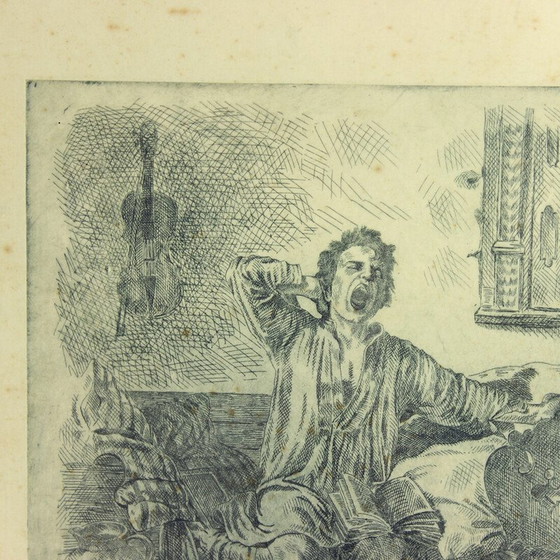 Image 1 of Vintage-Wanddekoration eines Jungen, der aus seinem schwarzen Holzrahmenbett aufwacht, Tschechoslowakei