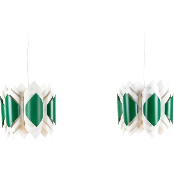 Image 1 of Paar grüne und weiße Pendelleuchten aus Acryl von Lars Schiøler für Hoyrup, Dänemark 1960