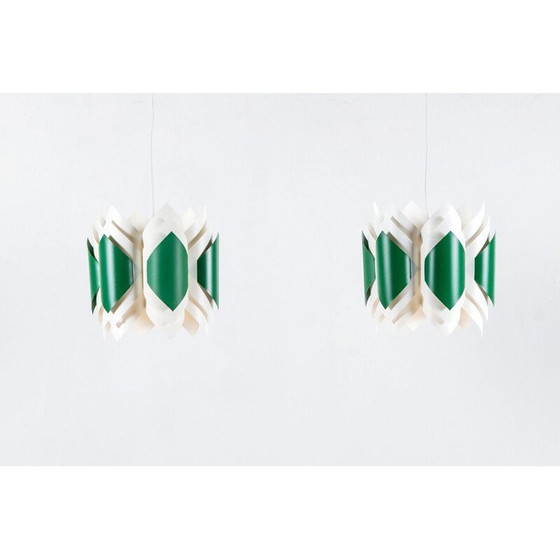 Image 1 of Paar grüne und weiße Pendelleuchten aus Acryl von Lars Schiøler für Hoyrup, Dänemark 1960