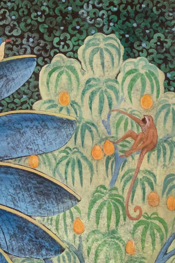 Image 1 of Gemaltes Leinwandbild mit Affen auf einem Obstbaum. Zeitgenössisch.